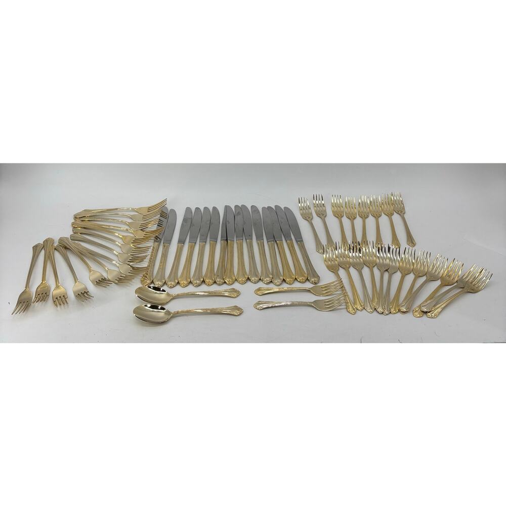 Gold Tone Stainless Flatware Hollywood Regency 53 Pieces Vintage